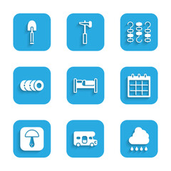 Set Bed, RV motorhome vehicle, Cloud with rain, Calendar, Mushroom, Blanket roll, Grilled shish kebab on skewer and Shovel icon. Vector