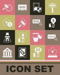Set Auction jewelry sale, Price tag with Sale, Hand holding auction paddle, painting, hammer, and Bid icon. Vector