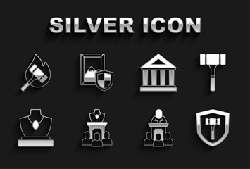 Set Auction jewelry sale, hammer, auctioneer sells, Museum building, and painting icon. Vector