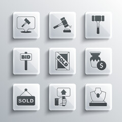 Set Hand holding auction paddle, Auction jewelry sale, ancient vase, painting sold, hammer and icon. Vector