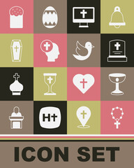 Set Rosary beads religion, Christian chalice, Grave with tombstone, cross monitor, Priest, Coffin, Easter cake and Dove icon. Vector