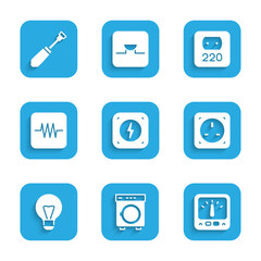 Set Lightning bolt, Washer, Ampere meter, multimeter, Electrical outlet, Creative lamp light idea, Resistor electronic circuit, and Screwdriver icon. Vector