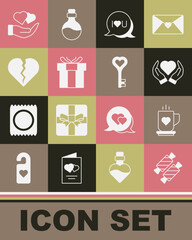 Set Candy, Coffee cup heart, Heart in hand, Speech bubble text I love you, Gift box, Broken or divorce, and Key shape icon. Vector