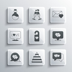 Set Wedding cake, Heart speech bubble, Location with heart, Please do not disturb, Love text, Bottle love potion and Envelope Valentine icon. Vector