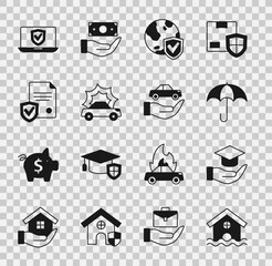 Set House flood, Education grant, Umbrella, Shield with world globe, Car accident, Contract shield, Insurance online and insurance icon. Vector