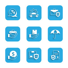 Set Delivery insurance, security with shield, Contract, Umbrella, Money, Car, Briefcase and icon. Vector