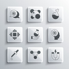 Set Molecule, Magnet, Atom, Test tube, Pipette, Processor CPU, and icon. Vector