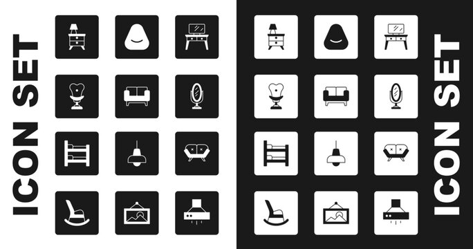 Set Dressing table, Sofa, Armchair, Nightstand with lamp, Mirror, Pouf, and Bunk bed icon. Vector