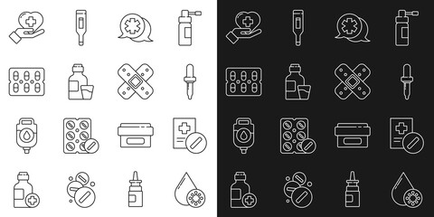 Set line Blood test and virus, Medical prescription, Pipette, Dialogue with the doctor, Bottle of medicine syrup, Pills blister pack, Heart cross and Crossed bandage plaster icon. Vector