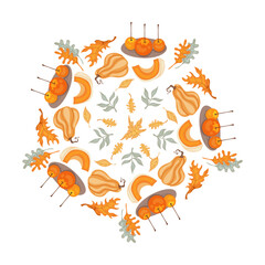 Cute vector autumn mandala with leaves, candles,pumpkin drinks,mushrooms, baskets, pumpkins on white background.Hand drawn vector illustration for coloring page and artbooks for adults and kids.