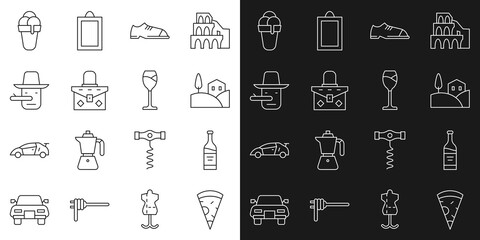 Set line Slice of pizza, Bottle wine, Village landscape, Men shoes, Handbag, Pinocchio, Ice cream and Wine glass icon. Vector
