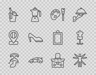 Set line Roman army helmet, Vitruvian Man, Paint brush with palette, Sport racing car, Bottle of wine bucket, Woman shoe, Handbag and Mannequin icon. Vector