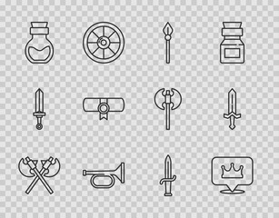 Set line Crossed medieval axes, Location king crown, Medieval spear, Trumpet, Poison bottle, Decree, parchment, scroll, Dagger and sword icon. Vector