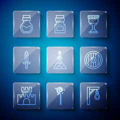 Set line Castle, fortress, Magic staff, Gallows, Medieval goblet, Sword in the stone, sword, Poison bottle and Round wooden shield icon. Vector