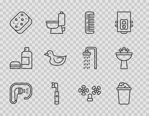 Set line Shower, Bucket with soap suds, Hairbrush, Electric toothbrush, Sponge, Rubber duck, Water tap and Washbasin water icon. Vector
