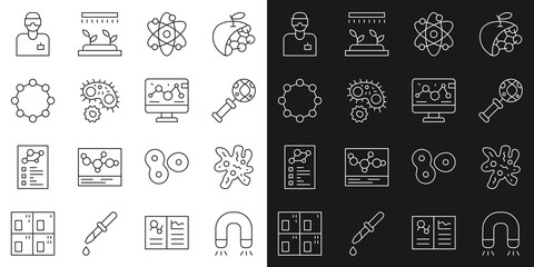 Set line Magnet, Cell, DNA research, search, Atom, Virus, Chemical formula, Laboratory assistant and Genetic engineering modification icon. Vector