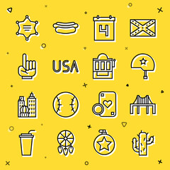 Set line Cactus, Golden gate bridge, Military helmet, Calendar with date July 4, USA label, Number 1 one fan hand glove, Hexagram sheriff and Slot machine icon. Vector