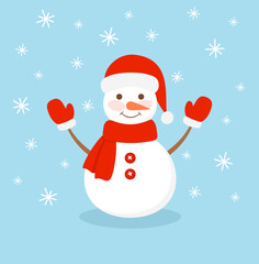 A cute snowman in a red hat, scarf and mittens on a blue snowy background. Flat vector illustration