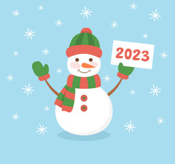 A cute snowman in a hat, scarf and mittens holding a sign with the number 2023 on a blue snowy background. Flat vector illustration