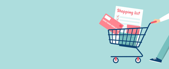 Man carrying supermarket cart with shopping list, credit card and boxes on turquoise background with copy space. Flat vector illustration © Alrika 