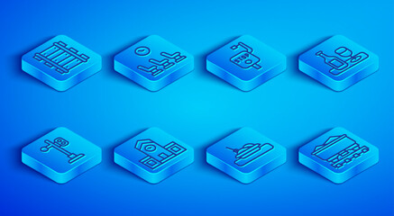 Set line Railway, railroad track, Waiting room, Emergency brake, station, Plate with food, Wine bottle glass, Train traffic light and Coal train wagon icon. Vector