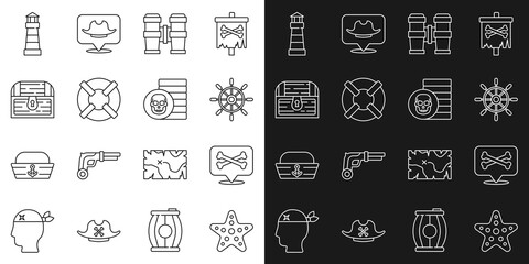 Set line Starfish, Location pirate, Ship steering wheel, Binoculars, Lifebuoy, Antique treasure chest, Lighthouse and Pirate coin icon. Vector