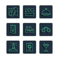 Set line Lighthouse, Passport, Cocktail, Covered with tray, Cruise ship, Brochure, Folded map and Binoculars icon. Vector