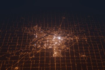 Aerial shot of Decatur (Illinois, USA) at night, view from north. Imitation of satellite view on modern city with street lights and glow effect. 3d render