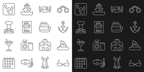 Set line Glasses, Tropical island in ocean, Anchor, Poker table, Cruise ship, Cook, Route location and icon. Vector