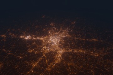 Aerial shot on Bologna (Italy) at night, view from west. Imitation of satellite view on modern city with street lights and glow effect. 3d render