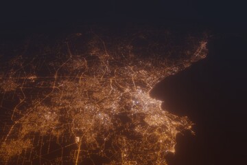 Aerial shot on Naples (Italy) at night, view from west. Imitation of satellite view on modern city with street lights and glow effect. 3d render