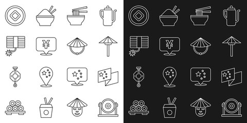 Set line Gong, China flag, Japanese umbrella from the sun, Asian noodles bowl, Chinese Yuan currency, Firework, and conical straw hat icon. Vector
