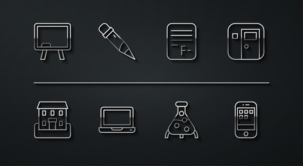 Set line Chalkboard, School building, classroom, Test tube and flask, Laptop, Pencil with eraser, Smartphone and Exam paper incorrect answers icon. Vector