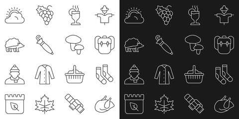 Set line Roasted turkey or chicken, Socks, School backpack, Mulled wine, Umbrella, Hedgehog, Sun and cloud weather and Mushroom icon. Vector