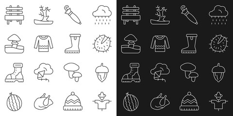 Set line Scarecrow, Acorn, Chestnut, Umbrella, Sweater, Mushroom, Bench and Waterproof rubber boot icon. Vector