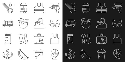 Set line Electric fan, Sleeveless T-shirt, Glasses, Life jacket, Coconut cocktail, Rv Camping trailer, Meteorology thermometer and Sand castle icon. Vector