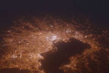 Aerial shot of Tokyo (Japan) at night, view from south. Imitation of satellite view on modern city with street lights and glow effect. 3d render