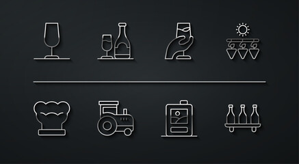 Set line Wine glass, Chef hat, Drying grapes, Cardboard box of wine, Tractor, bottle with, Bottle and tasting, degustation icon. Vector