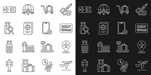 Set line Plane takeoff, Liquids in carry-on baggage, Trolley, Passport, Lost, Airline ticket and No cell phone icon. Vector
