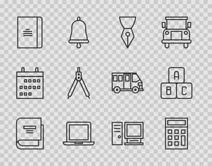 Set line Book, Calculator, Fountain pen nib, Laptop, Spiral notebook, Drawing compass, Computer monitor and ABC blocks icon. Vector