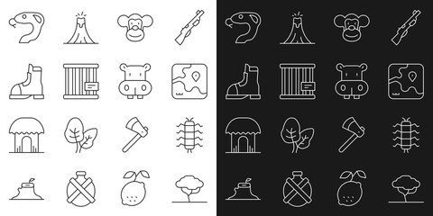 Set line African tree, Centipede insect, safari map, Monkey, Animal cage, Hunter boots, Snake and Hippo or Hippopotamus icon. Vector