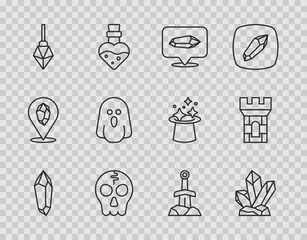 Set line Magic stone, Skull, Ghost, Sword in the and Castle tower icon. Vector