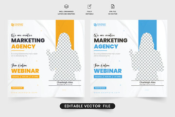 Marketing agency webinar template with blue and yellow colors. Online business conference invitation webinar design with photo placeholder. Webinar social media post vector for digital marketing.