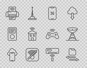Set line Cloud technology data, Transfer files, Mobile with 5G, No Wi-Fi wireless internet, Smart printer system, home wi-fi, Air conditioner and Satellite dish icon. Vector