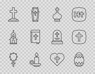Set line Rosary beads religion, Easter egg, Christian church tower, Burning candle in candlestick, Grave with cross, Holy bible book, heart and icon. Vector