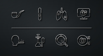 Set line No pipe smoking, Man a cigarette, Tobacco leaf, Ashtray with, Hookah, Cigar, shop and Disease lungs icon. Vector
