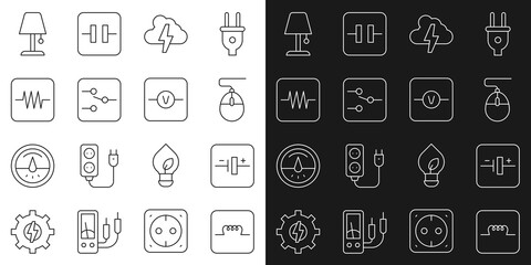 Set line Inductor in electronic circuit, DC voltage source, Computer mouse, Cloud and lightning, Switch, Resistor, Table lamp and Voltmeter icon. Vector