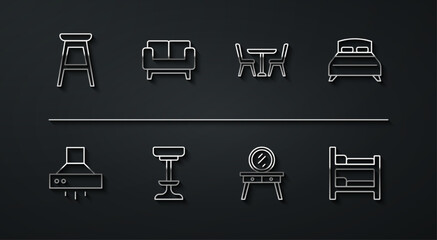 Set line Chair, Kitchen extractor fan, Big bed, Dressing table, Sofa, Bunk and Table with chair icon. Vector