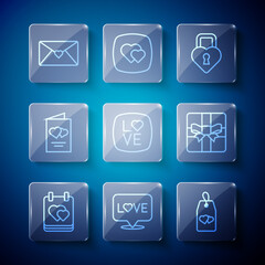 Set line Calendar with heart, Love text, Please do not disturb, Castle in the shape of, Valentines day flyer, Envelope and Gift box icon. Vector