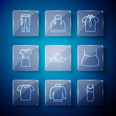 Set line T-shirt, Sweater, Woman dress, Shirt, Elegant women hat, Leggings and Female crop top icon. Vector